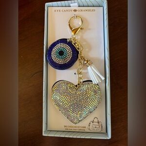 NIB Eye Candy Los Angeles Sparkly Heart and Evil Eye Keychain bag charm